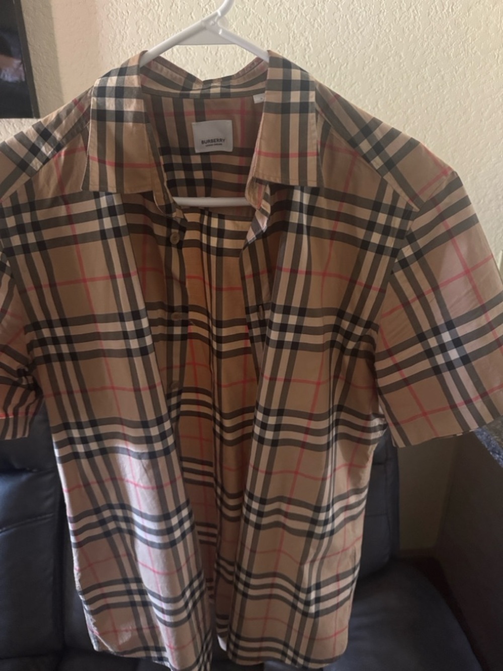 Burberry Tan Black Plaid Short Sleeve Button-Down Shirt